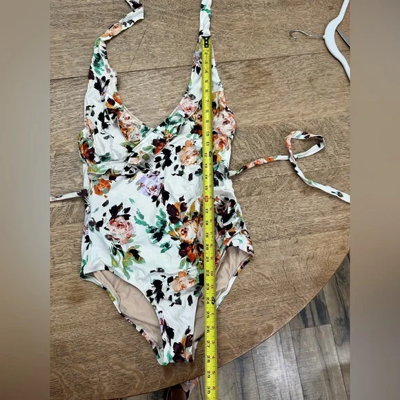 Anthropologie Allihop Ruffle Floral Halter Ruching Tie Waist One-Piece Swimsuit - Picture 13 of 13